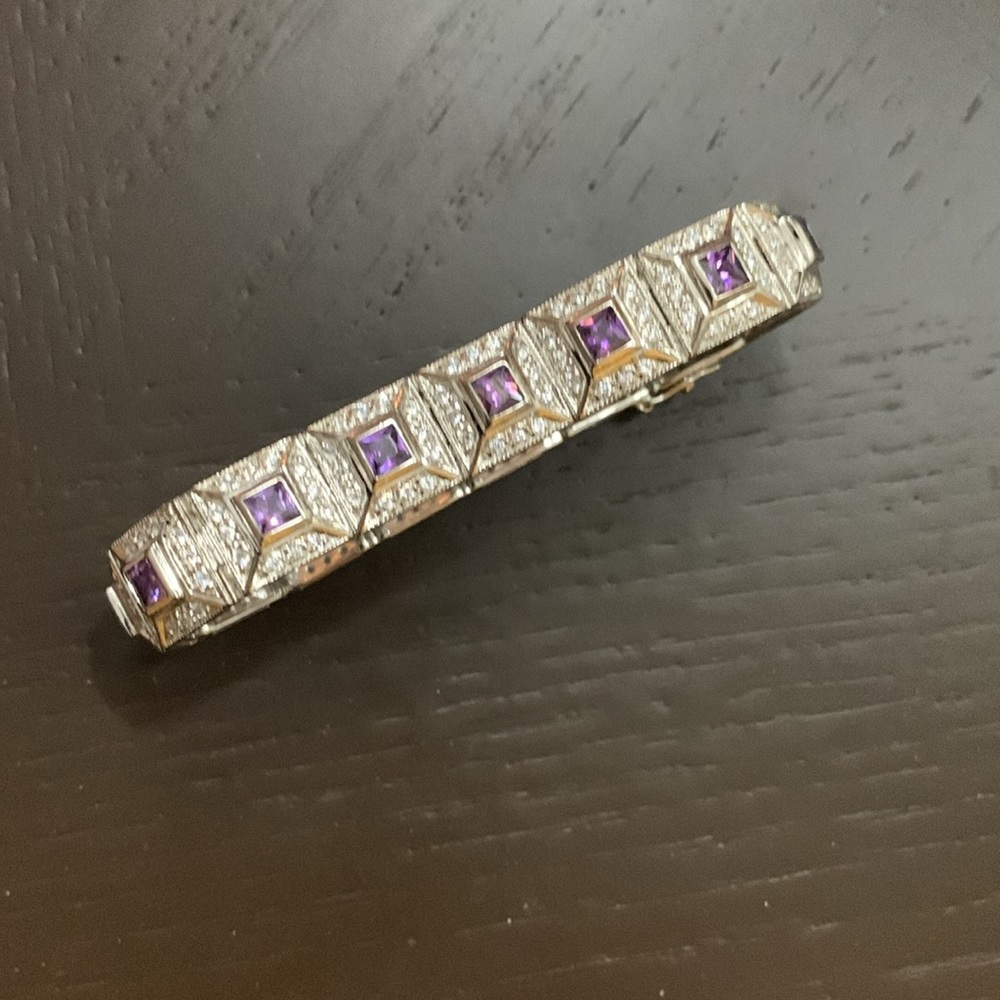 Vintage Amethyst CZ Silver Bracelet|Shop NBC Statement Sparkle|Double Lock Clasp